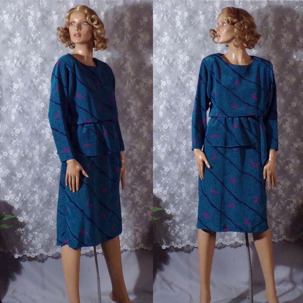 Vintage 80s Peplum Dress Size Medium 1980s Retro New Wave Secretary Turquoise